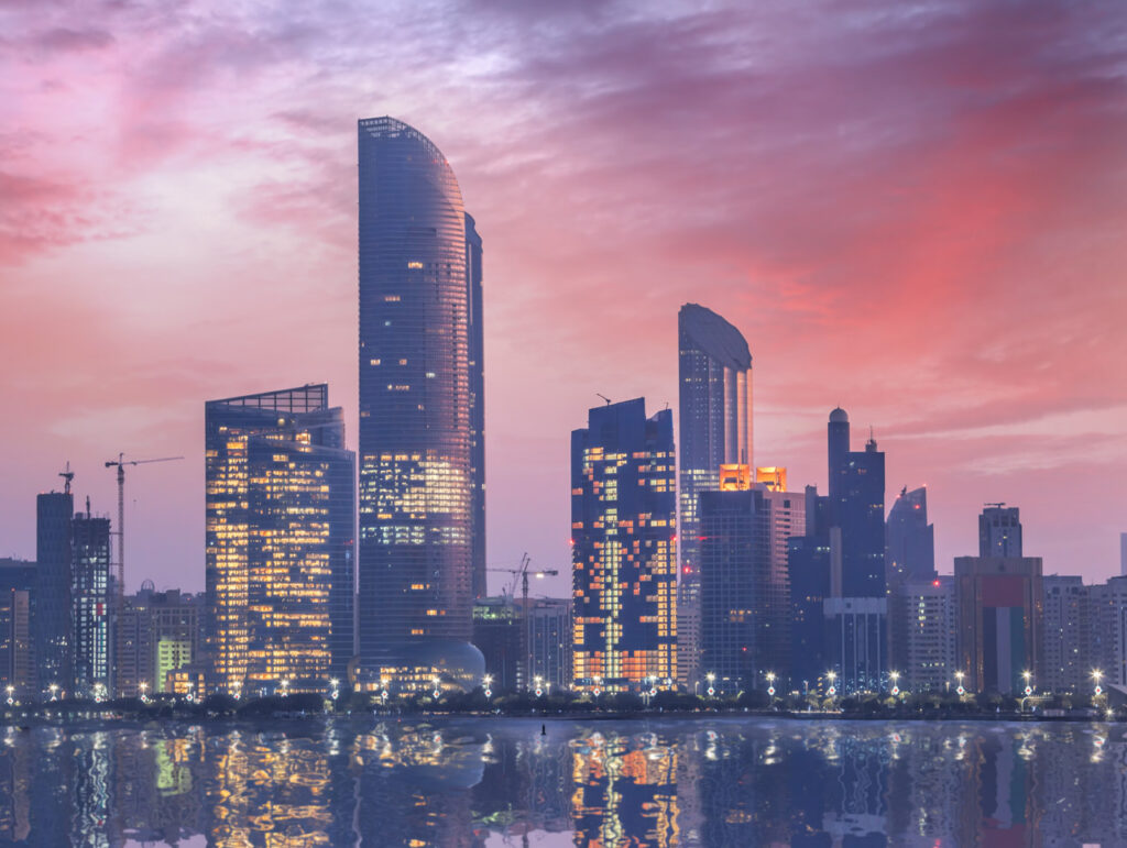Abu Dhabi skyline at sunset